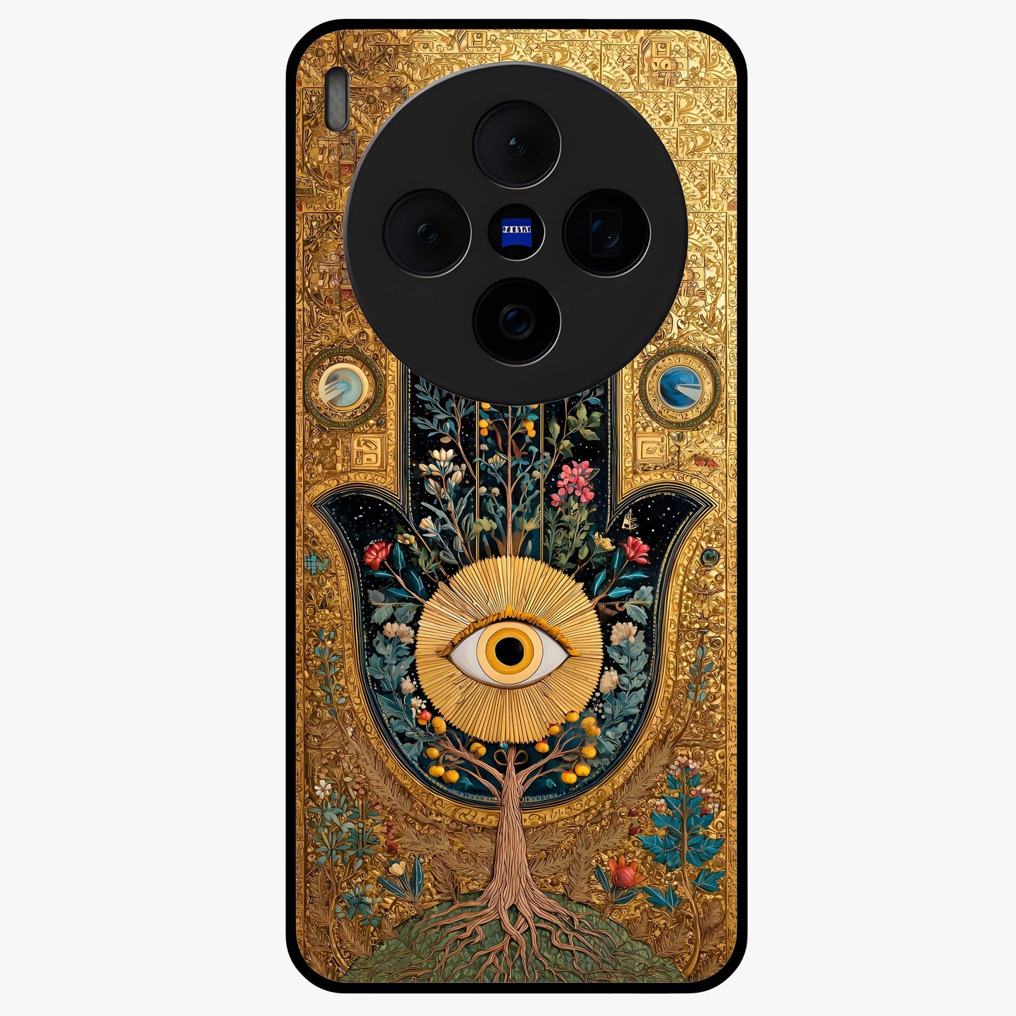 Ethereal Evil Eye Glass Case showing flat back view with mystical evil eye artwork and glossy glass finish.