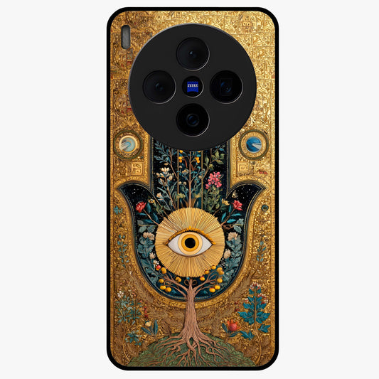 Ethereal Evil Eye Glass Case showing flat back view with mystical evil eye artwork and glossy glass finish.