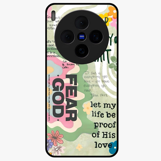Faith Over Fear Glass Case showing flat back view with motivational typography artwork and glossy glass finish.