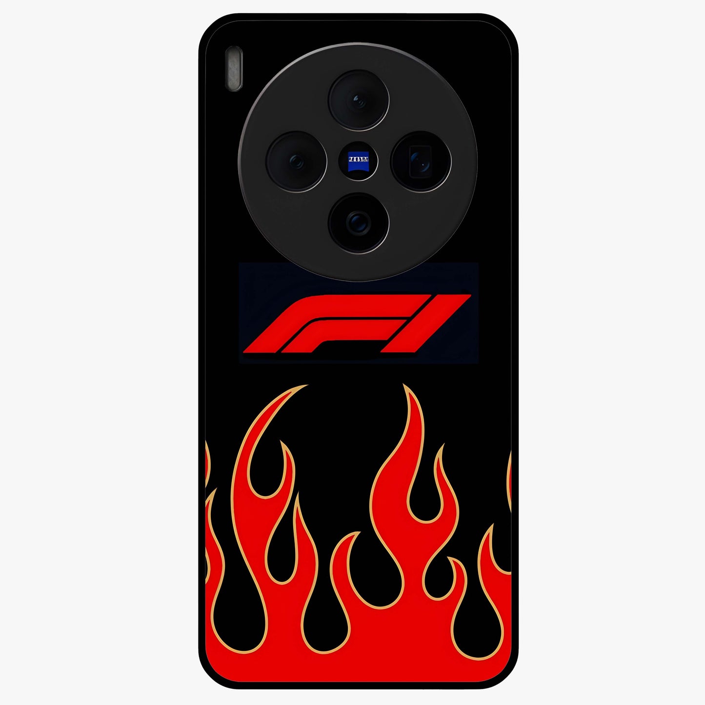 Fire F11 Glass Case showing flat back view with fiery themed artwork and glossy glass finish.