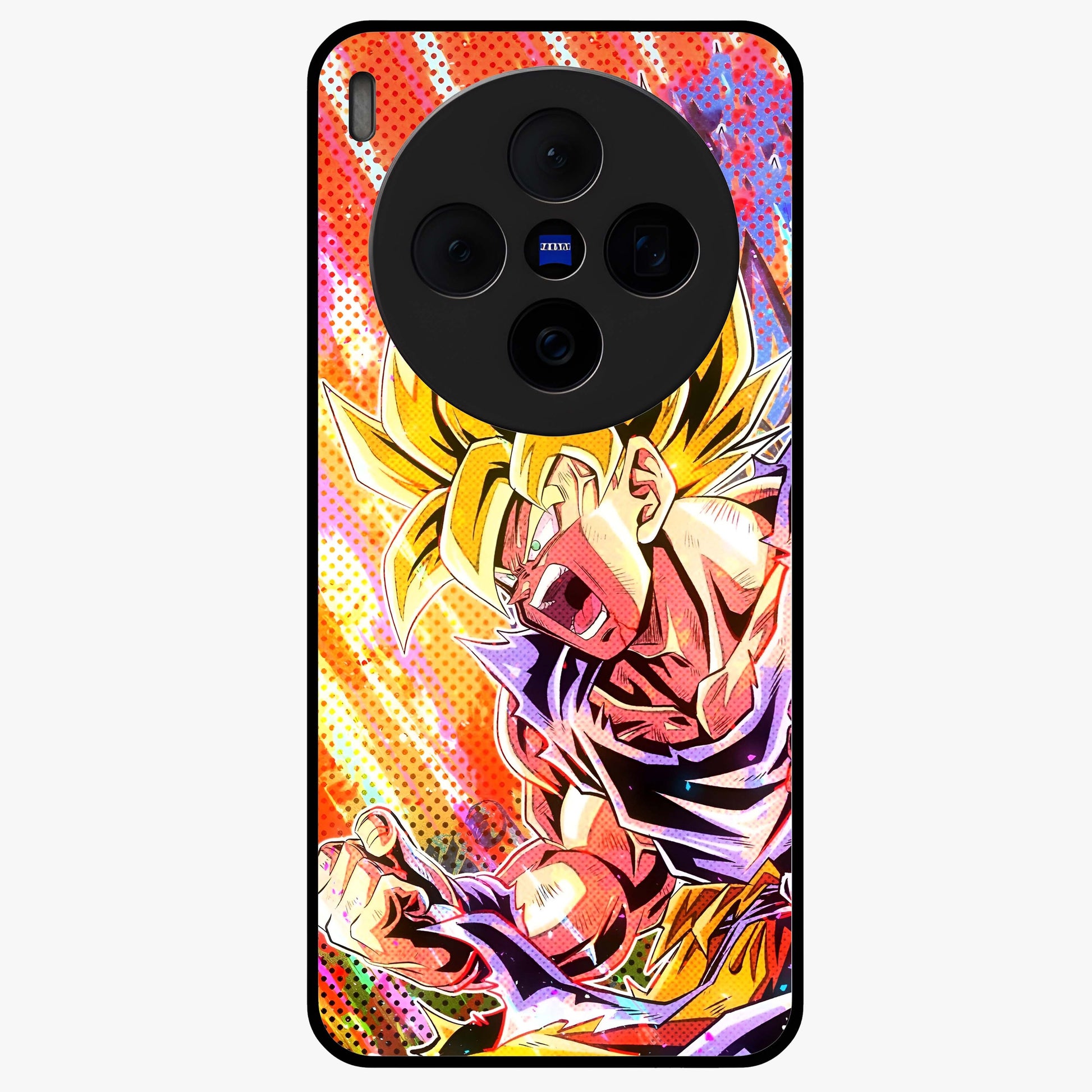 Firing Goku Glass Case showing flat back view with powerful anime inspired artwork and glossy glass finish.