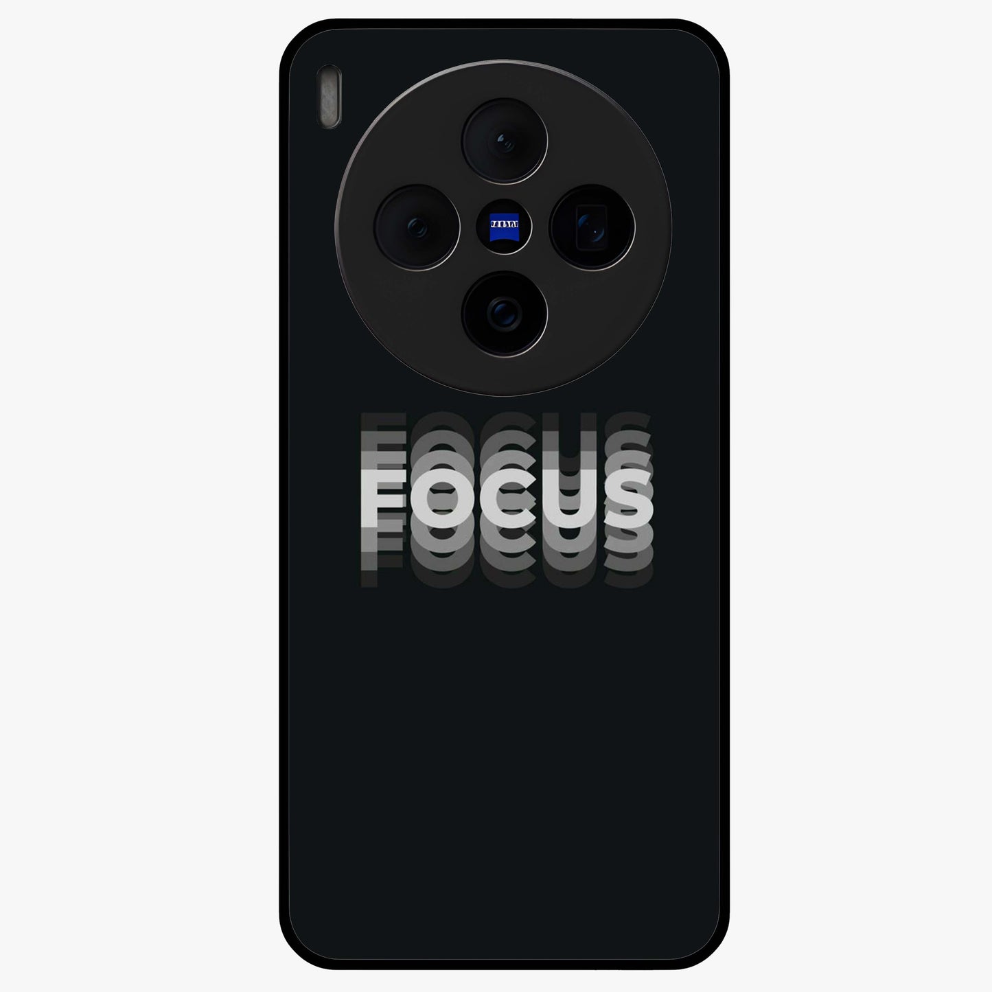 Focus Mode On Glass Case showing flat back view with bold motivational typography design and glossy glass finish.
