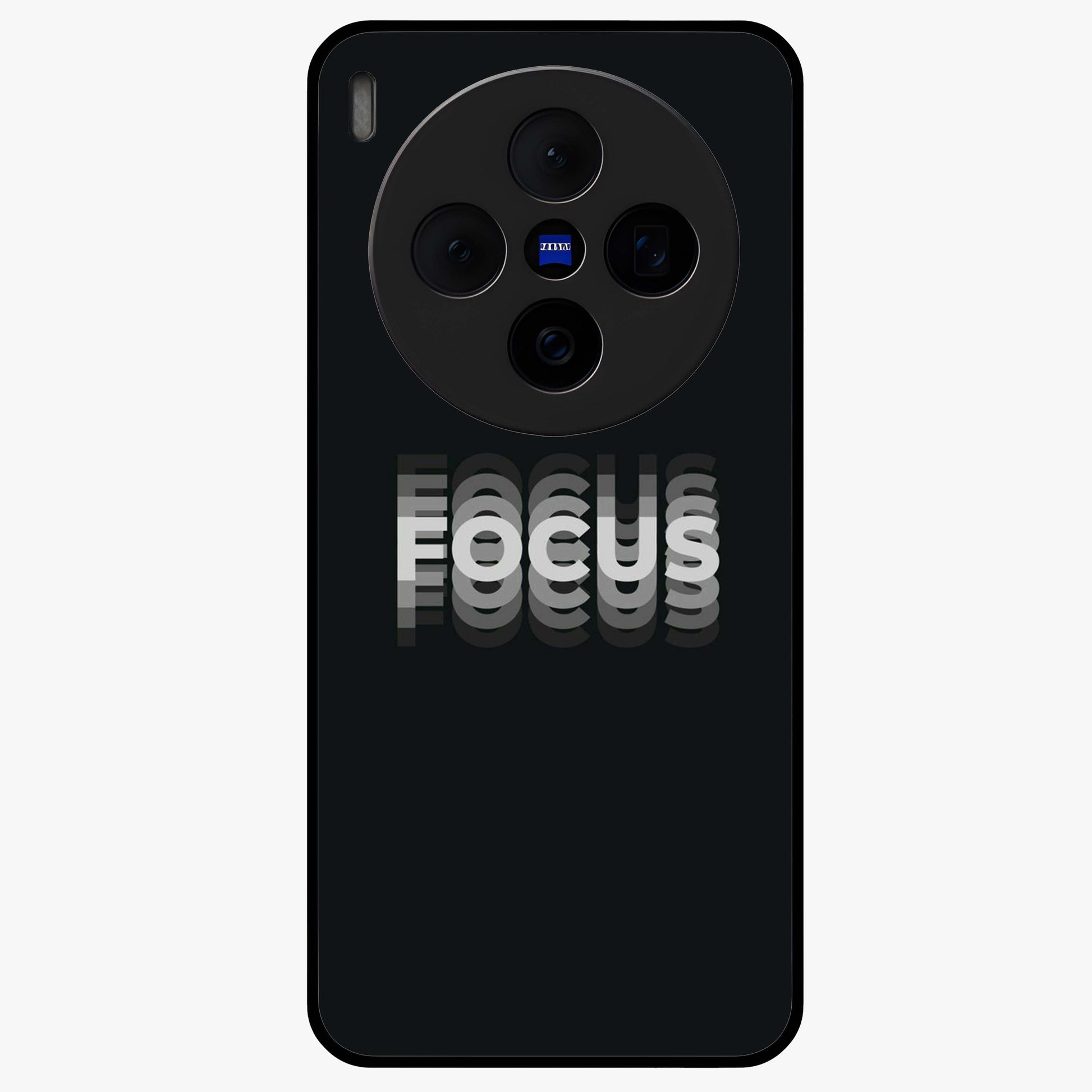 Focus Mode On Glass Case showing flat back view with bold motivational typography design and glossy glass finish.