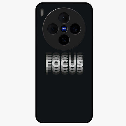 Focus Mode On Glass Case showing flat back view with bold motivational typography design and glossy glass finish.