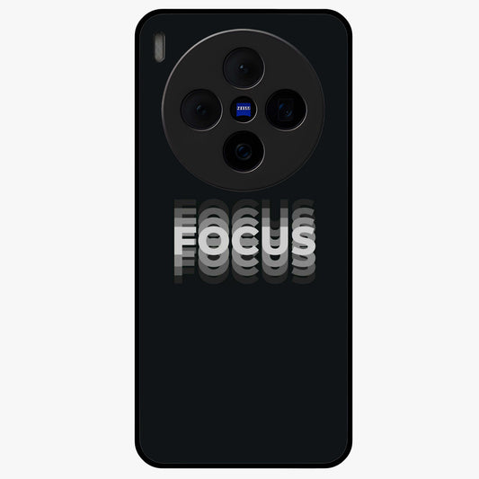 Focus Mode On Glass Case showing flat back view with bold motivational typography design and glossy glass finish.