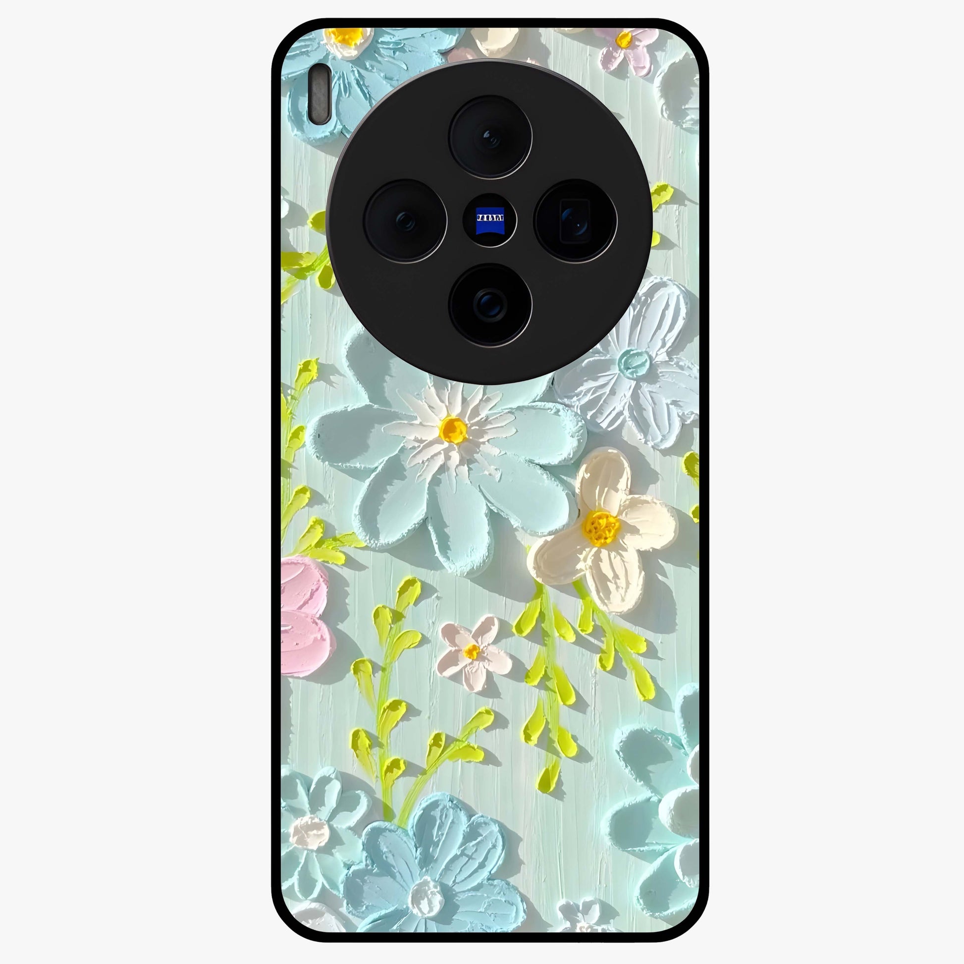 Frosted Petal Garden Glass Case showing flat back view with soft frosted floral artwork and glossy glass finish.