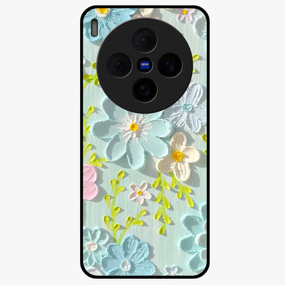 Frosted Petal Garden Glass Case showing flat back view with soft frosted floral artwork and glossy glass finish.
