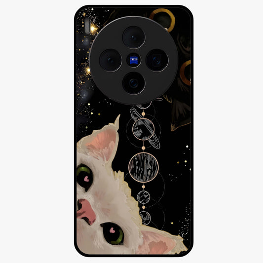 Galactic Cat Glass Case showing flat back view with cosmic cat artwork and glossy glass finish.