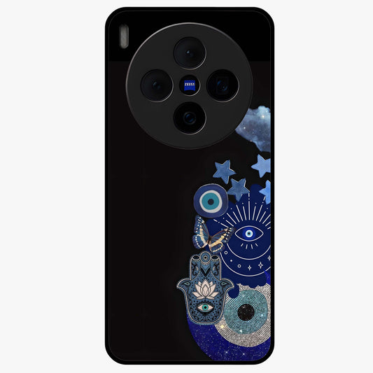 Galactic Charm Cluster Glass Case showing flat back view with glowing celestial charm artwork and glossy glass finish.