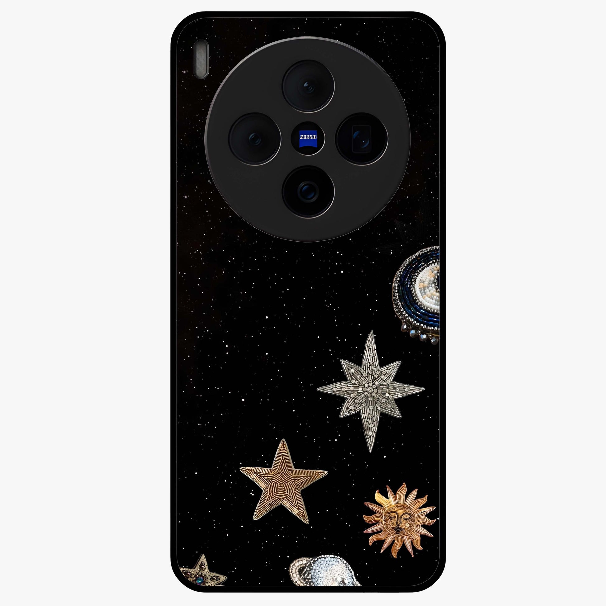 Galactic Charm Glow Glass Case showing flat back view with glowing celestial charm artwork and glossy glass finish.