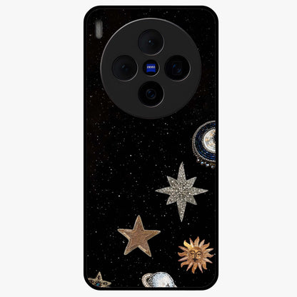 Galactic Charm Glow Glass Case showing flat back view with glowing celestial charm artwork and glossy glass finish.