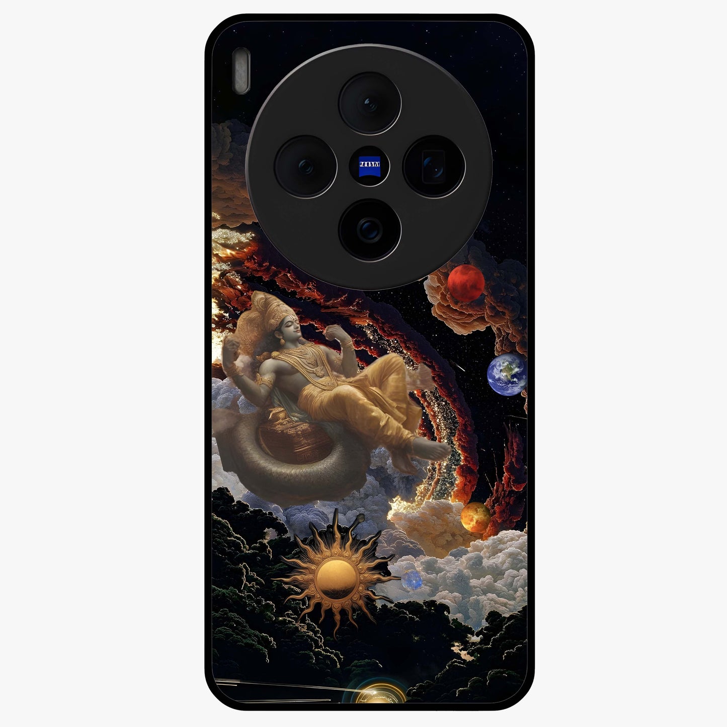 Galactic Divine God Glass Case showing flat back view with divine cosmic themed artwork and glossy glass finish.