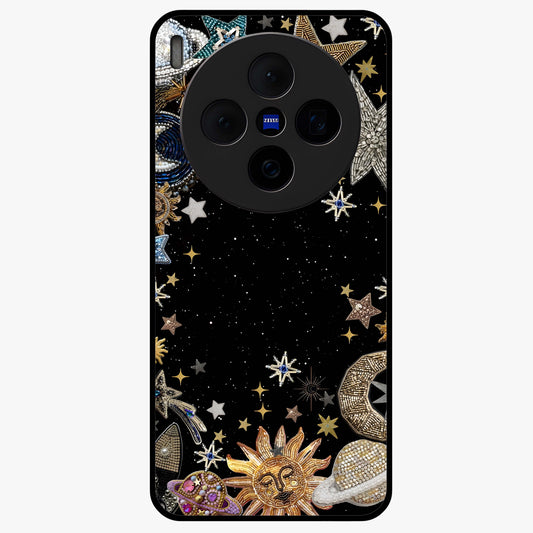 Galactic Jewel Stars Glass Case showing flat back view with sparkling star jewel artwork and glossy glass finish.