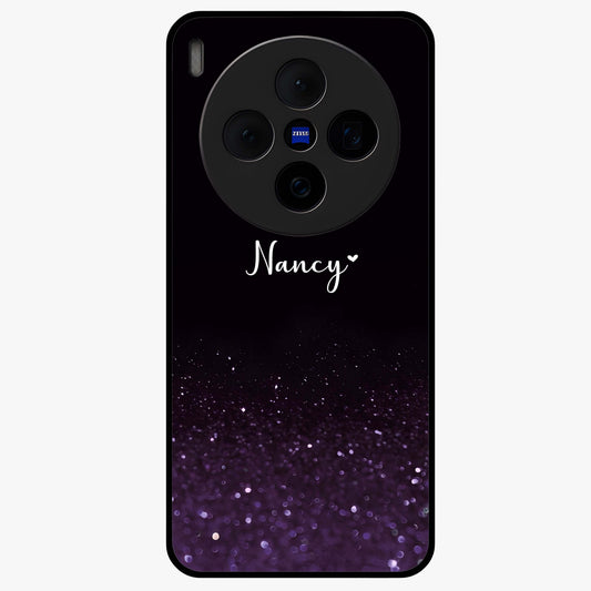 Glittery Purple Bokeh Custom Name Glass Case showing flat back view with purple bokeh sparkle artwork and personalized name design.
