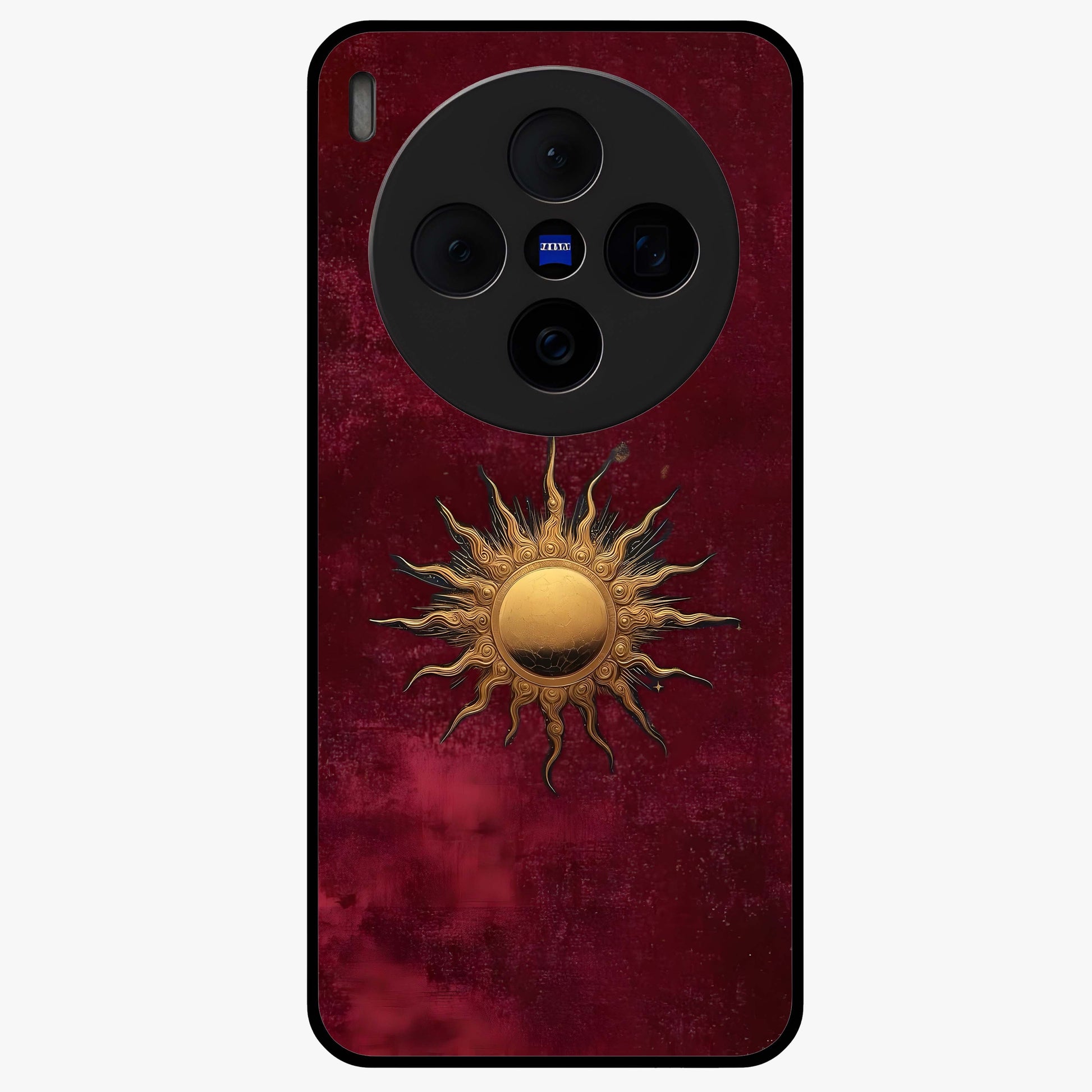 Gold Sun Blush Glass Case showing flat back view with golden sun inspired artwork and glossy glass finish.