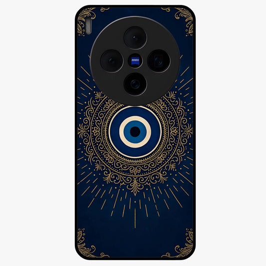 Golden Evil Eye Mandala Glass Case showing flat back view with intricate evil eye mandala artwork and glossy glass finish.