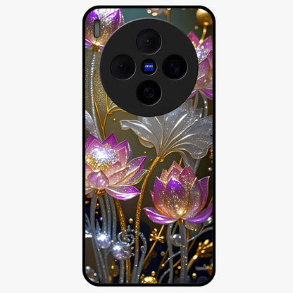 Golden Lotus Glow Glass Case showing flat back view with glowing lotus flower artwork and glossy glass finish.