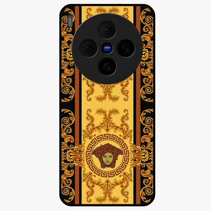 Golden Royal Heritage Glass Case showing flat back view with ornate royal pattern artwork and glossy glass finish.