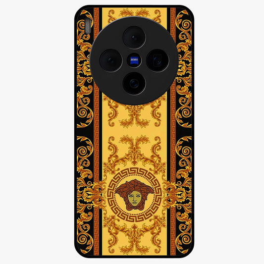 Golden Royal Heritage Glass Case showing flat back view with ornate royal pattern artwork and glossy glass finish.
