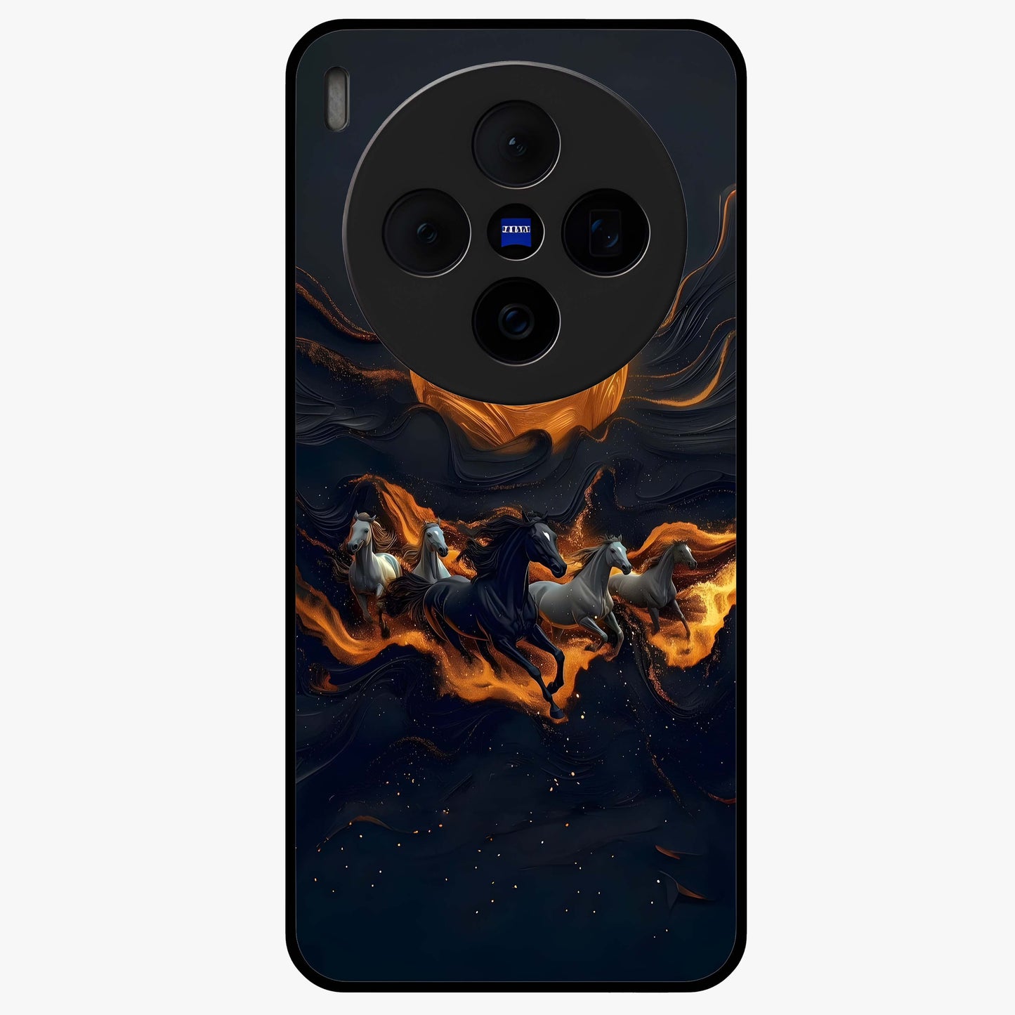Golden Stallion Moonride Glass Case showing flat back view with majestic horse under moonlight artwork and glossy glass finish.