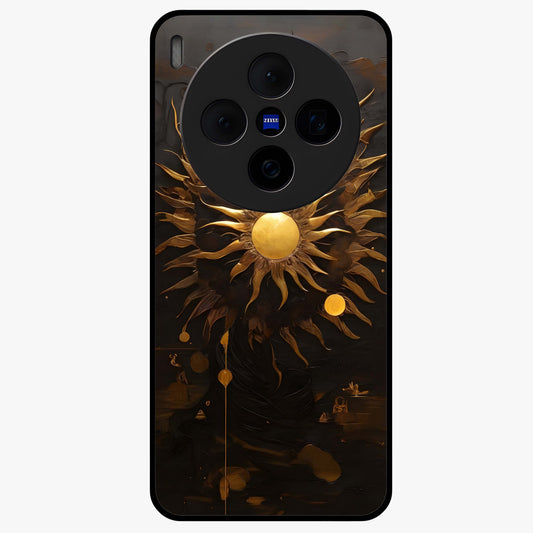 Golden Sun Majesty Glass Case showing flat back view with radiant golden sun artwork and glossy glass finish.
