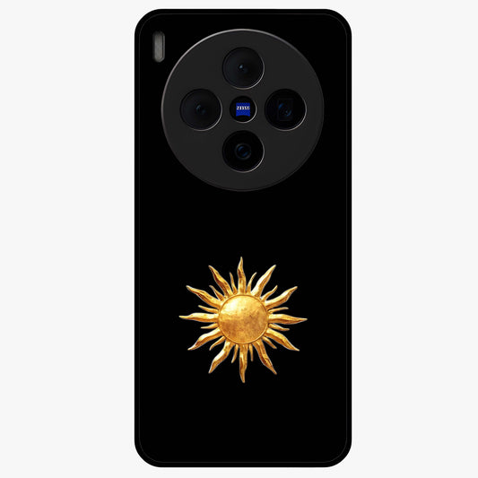 Golden Sun Minimalism Glass Case showing flat back view with minimal golden sun artwork and glossy glass finish.
