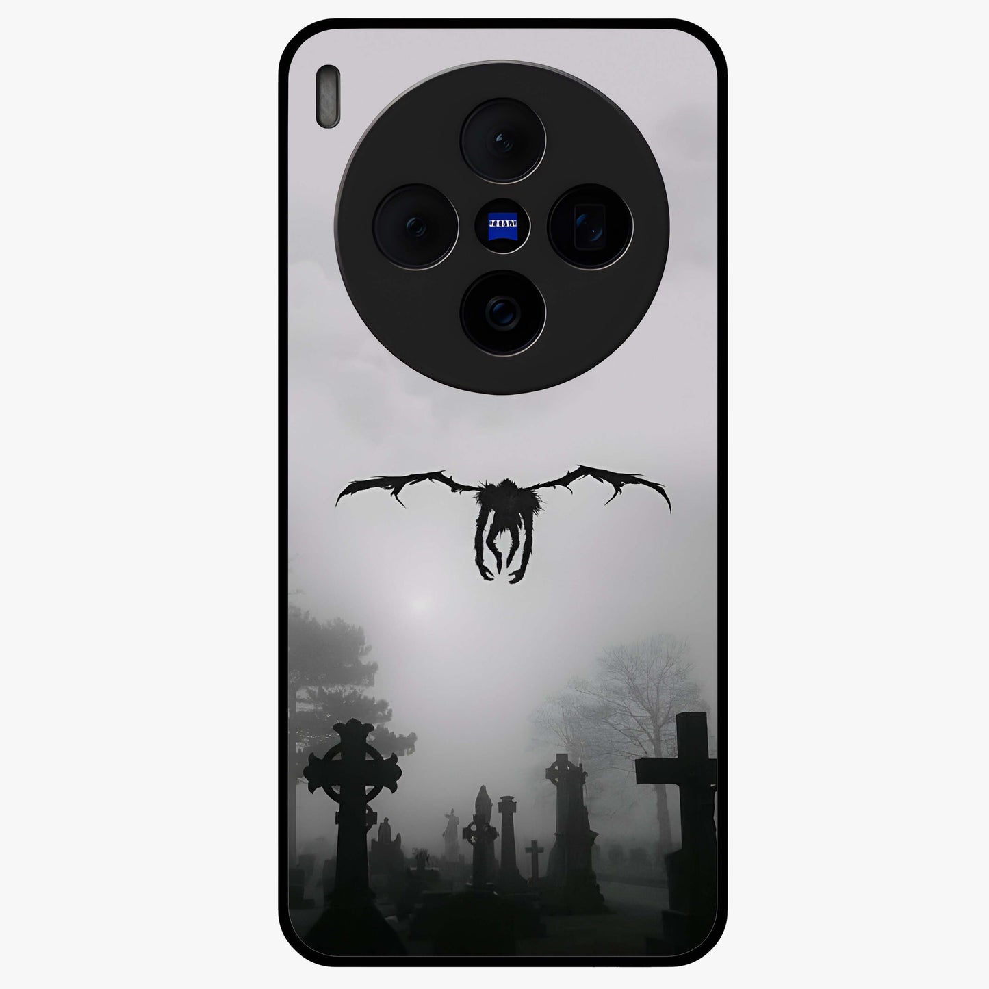 Graveyard Shadow Descent Glass Case showing flat back view with dark graveyard themed artwork and glossy glass finish.