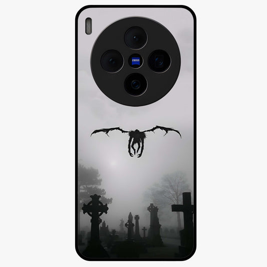 Graveyard Shadow Descent Glass Case showing flat back view with dark graveyard themed artwork and glossy glass finish.