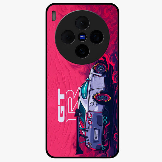 GT-R Car Pattern Glass Case showing flat back view with sporty car inspired pattern artwork and glossy glass finish.