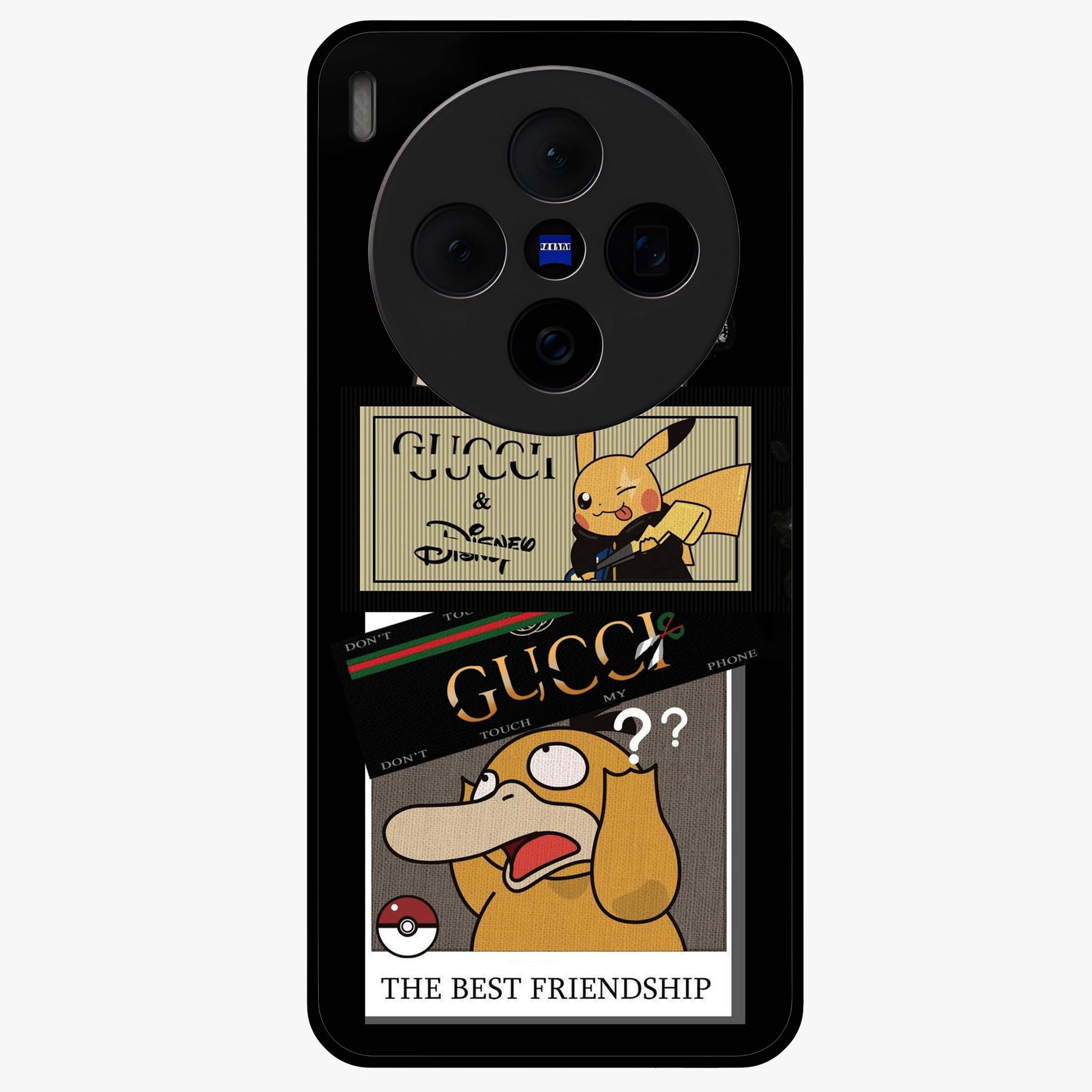 Gucci Play Mashup Glass Case showing flat back view with luxury inspired graphic artwork and glossy glass finish.