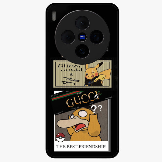 Gucci Play Mashup Glass Case showing flat back view with luxury inspired graphic artwork and glossy glass finish.