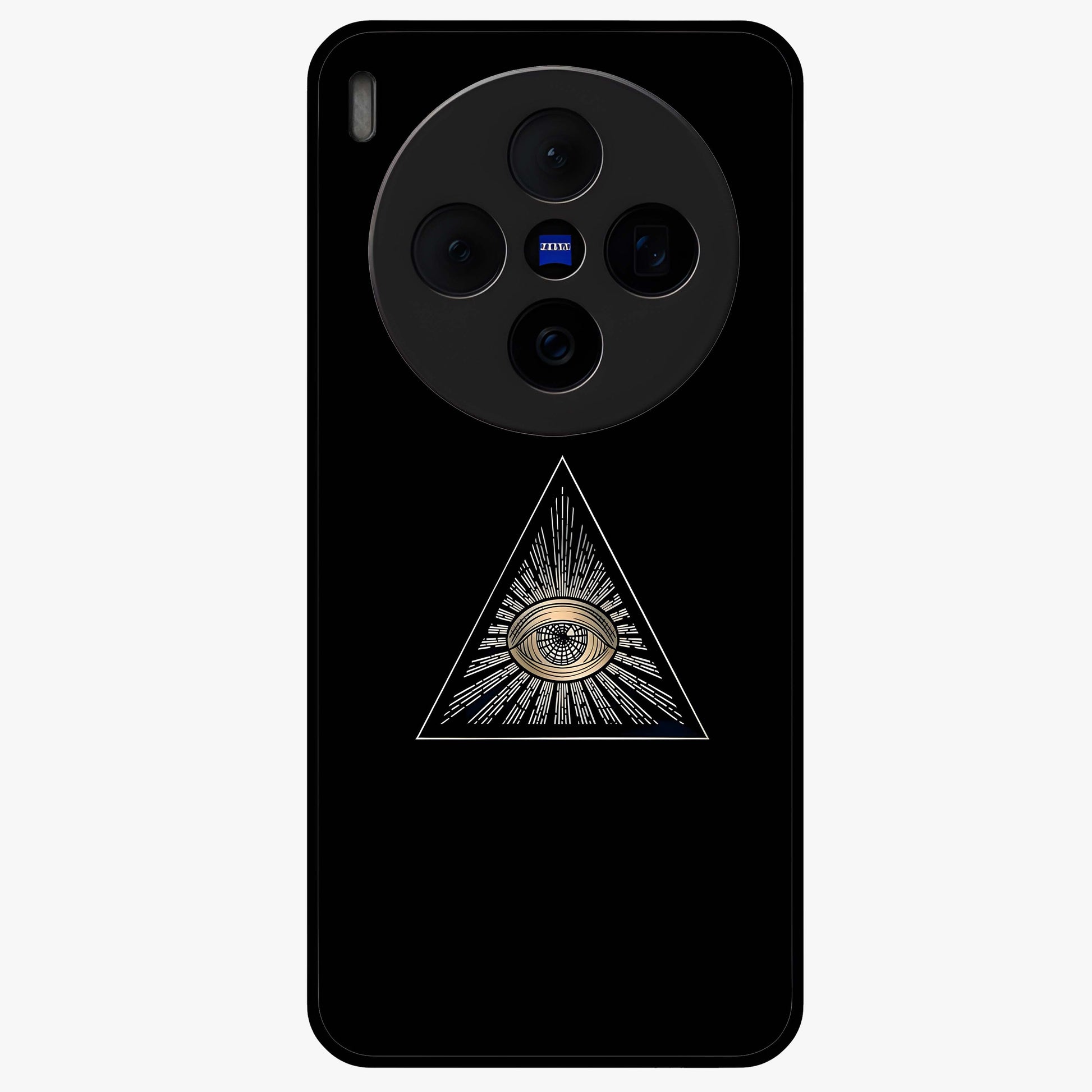 Illuminati Evil Glass Case showing flat back view with mysterious illuminati symbol artwork and glossy glass finish.