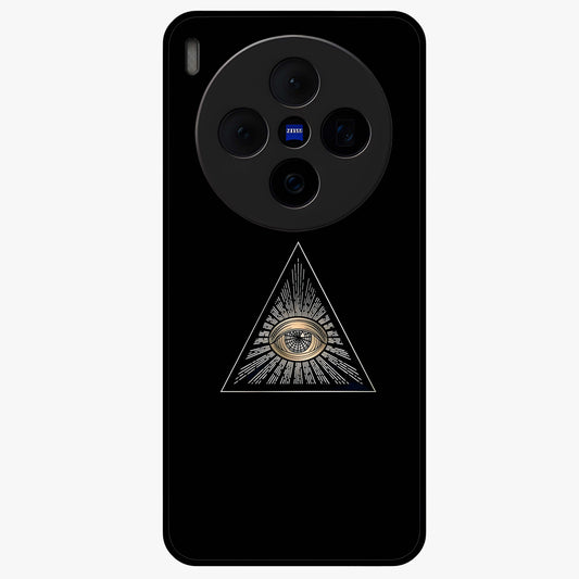 Illuminati Evil Glass Case showing flat back view with mysterious illuminati symbol artwork and glossy glass finish.