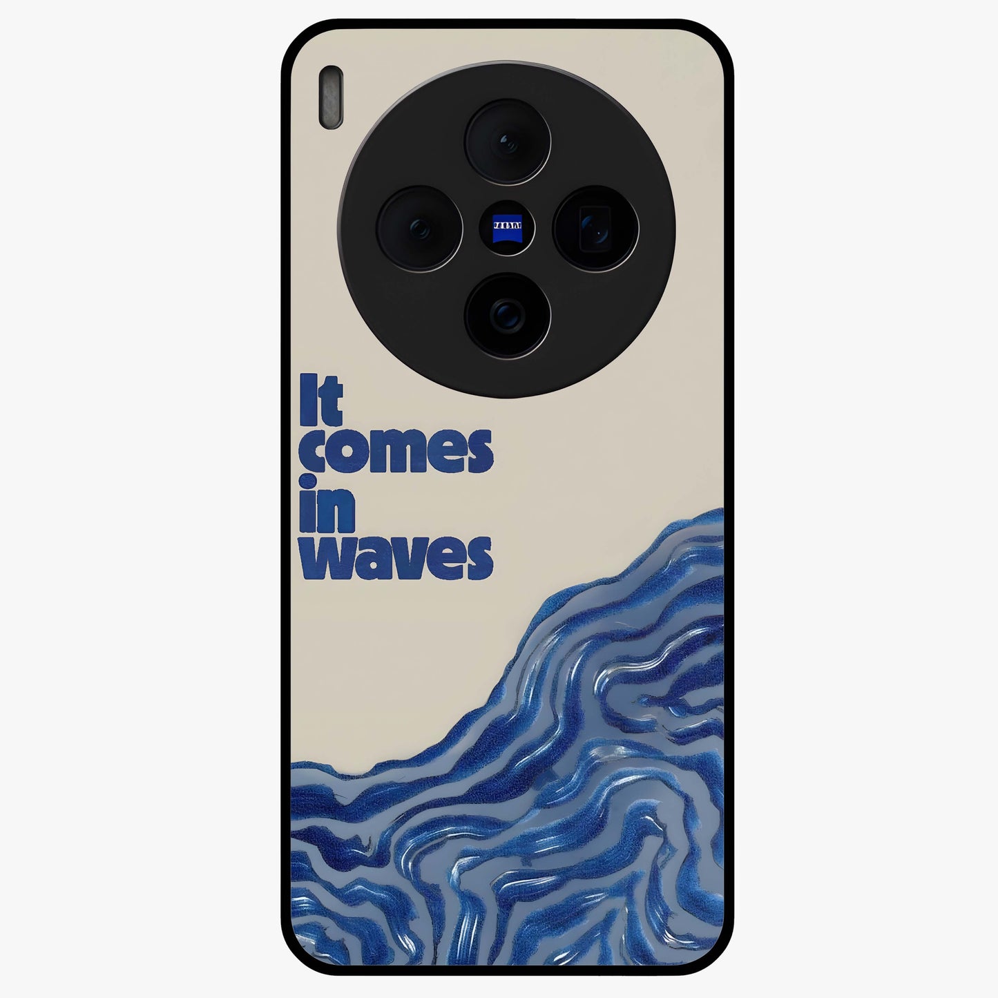 It Comes In Waves Quote Glass Case showing flat back view with inspirational wave themed quote artwork and glossy glass finish.