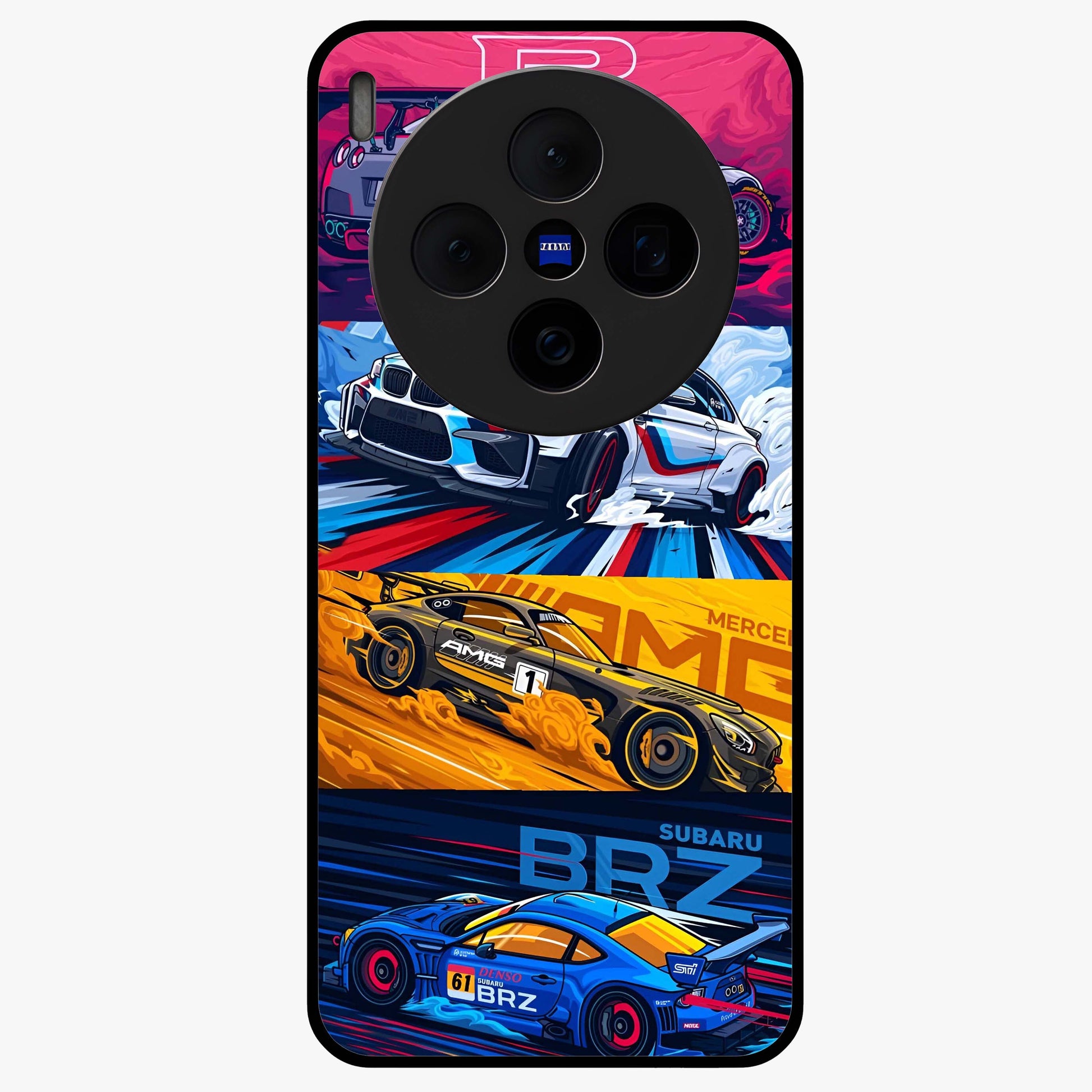 JDM Sports Car Glass Case showing flat back view with high performance sports car artwork and glossy glass finish.