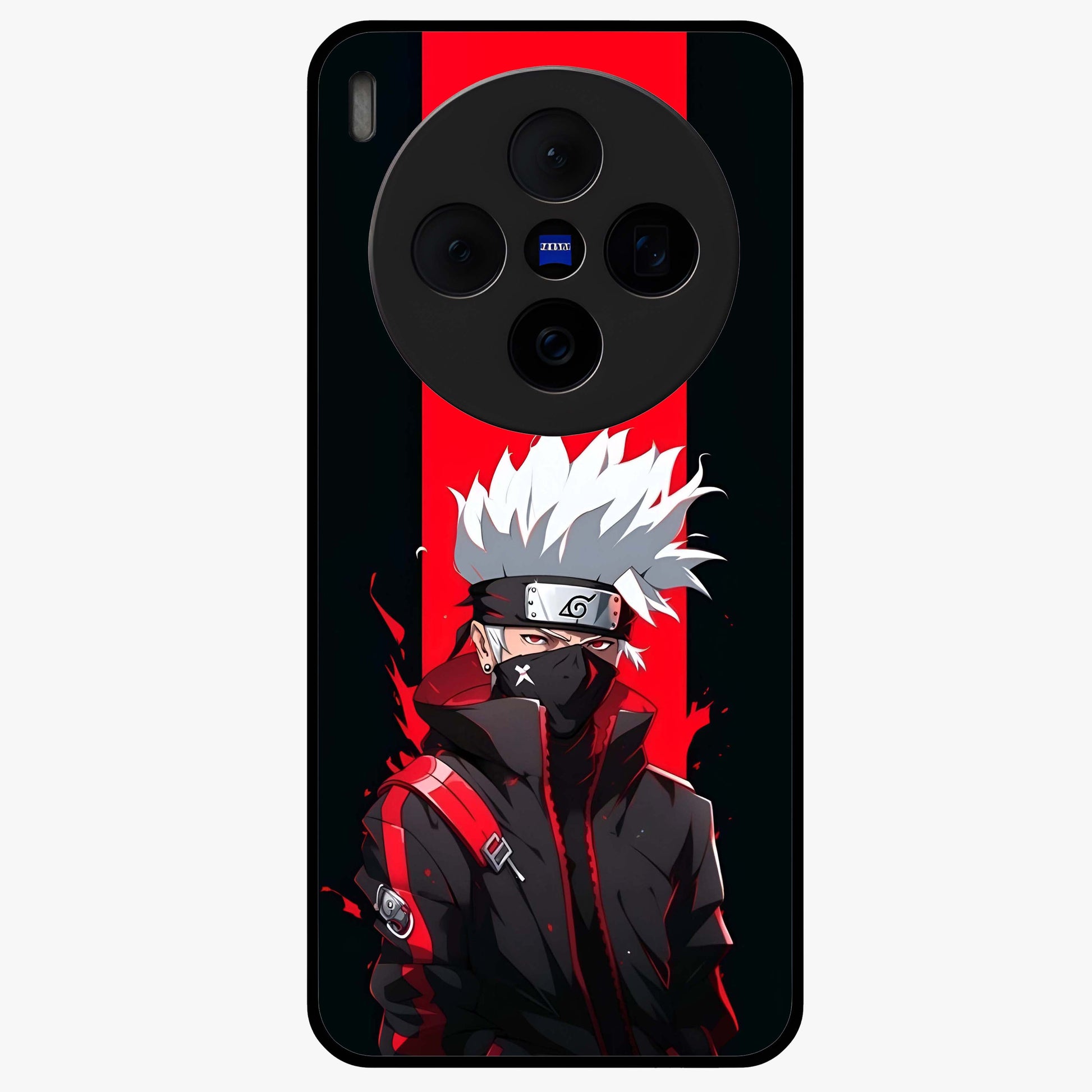 Kakashi Scarlet Shadow Glass Case showing flat back view with powerful anime ninja artwork and glossy glass finish.