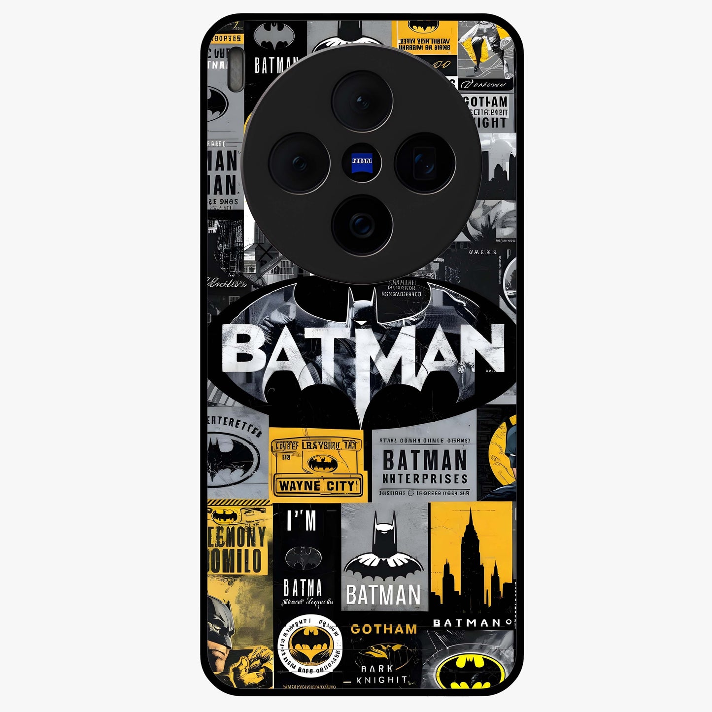 Knight Gotham Rise Glass Case showing flat back view with dark hero inspired artwork and glossy glass finish.