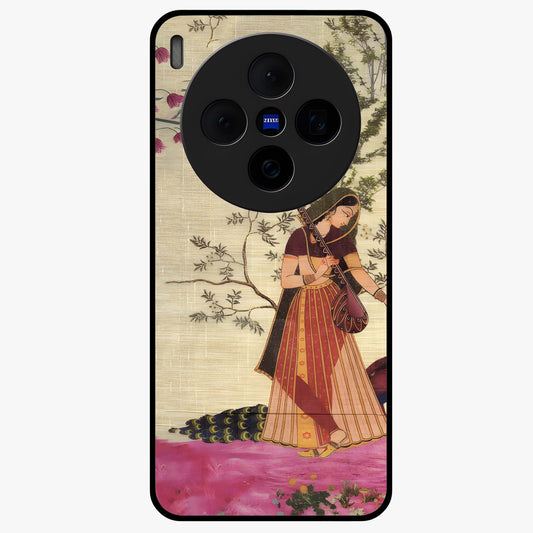 Lady With Veena Art Glass Case showing flat back view with elegant woman playing veena artwork and glossy glass finish.