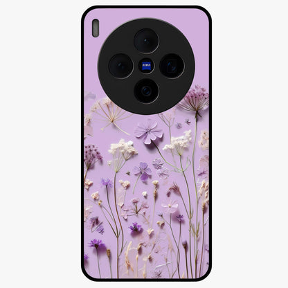 Lavender Blossom Dream Glass Case showing flat back view with soft lavender floral artwork and glossy glass finish.