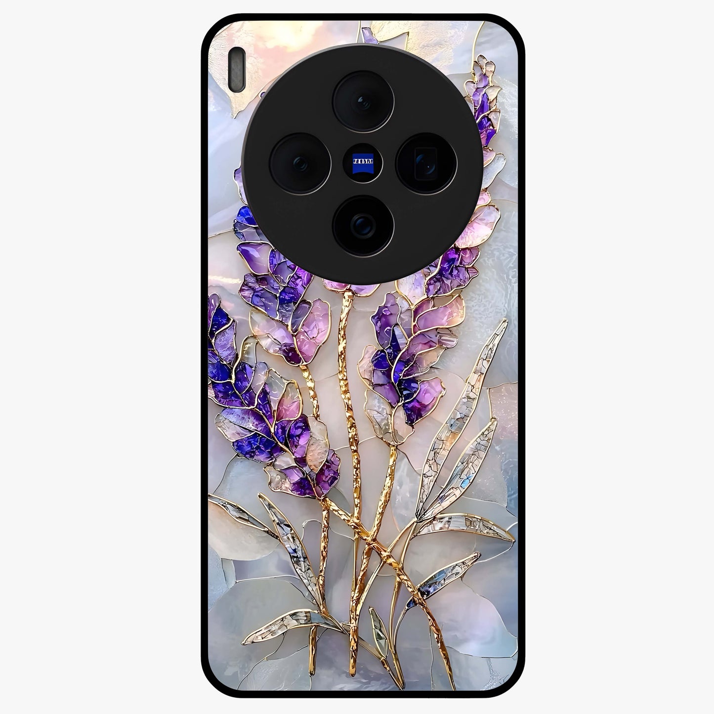Lavender Dream Glow Glass Case showing flat back view with glowing lavender aesthetic artwork and glossy glass finish.