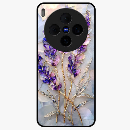 Lavender Dream Glow Glass Case showing flat back view with glowing lavender aesthetic artwork and glossy glass finish.
