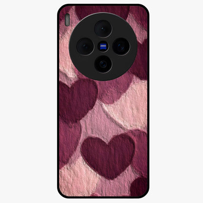 Layered Paper Hearts Glass Case showing flat back view with layered paper heart artwork and glossy glass finish.