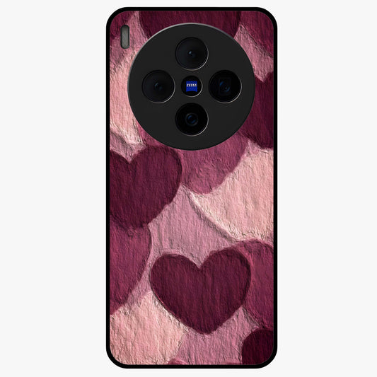 Layered Paper Hearts Glass Case showing flat back view with layered paper heart artwork and glossy glass finish.