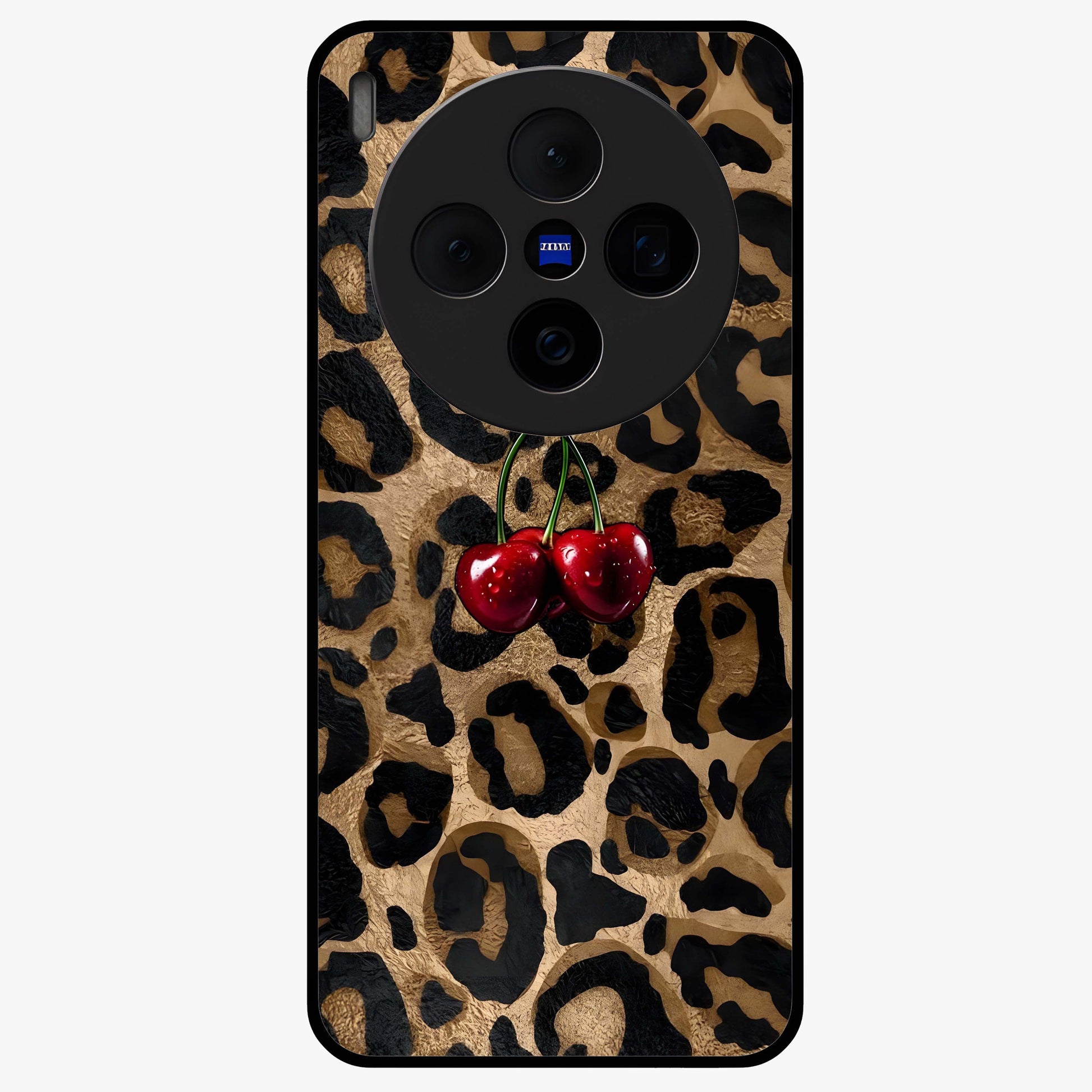 Leopard Wild Cherry Glass Case showing flat back view with leopard pattern and cherry artwork and glossy glass finish.