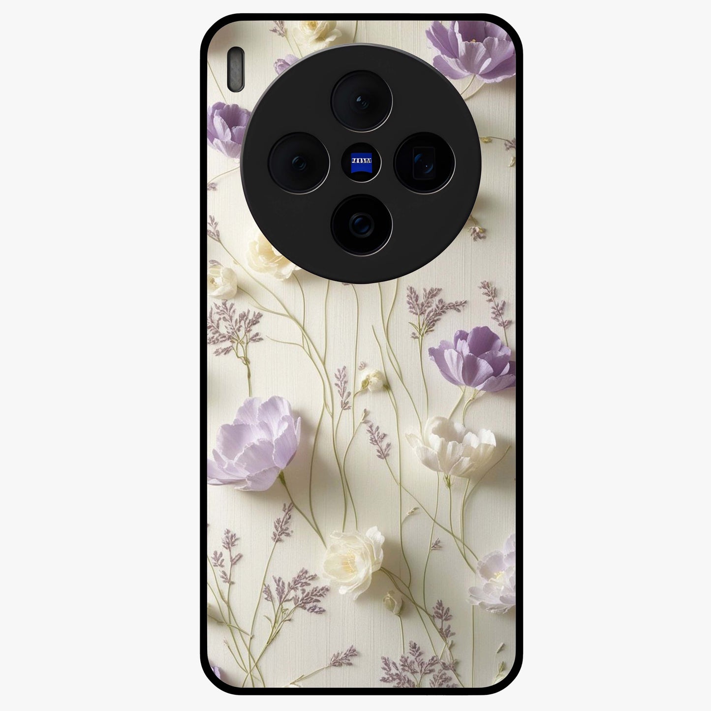 Lilac Breeze Harmony Glass Case showing flat back view with soft lilac themed artwork and glossy glass finish.
