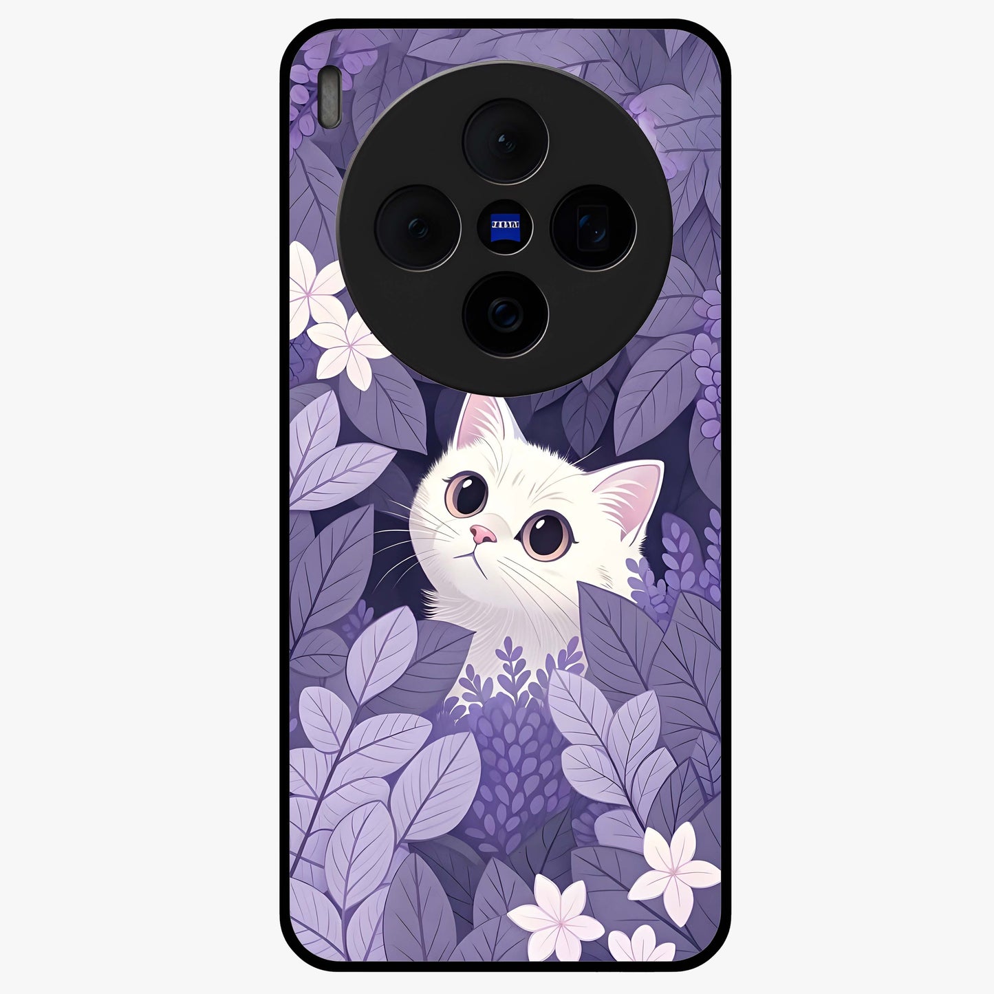 Lilac Hide Peek Cat Glass Case showing flat back view with cute peeking cat artwork and glossy glass finish.