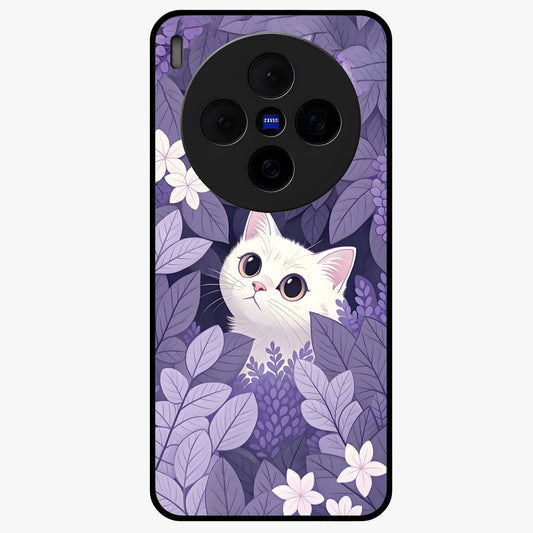 Lilac Hide Peek Cat Glass Case showing flat back view with cute peeking cat artwork and glossy glass finish.