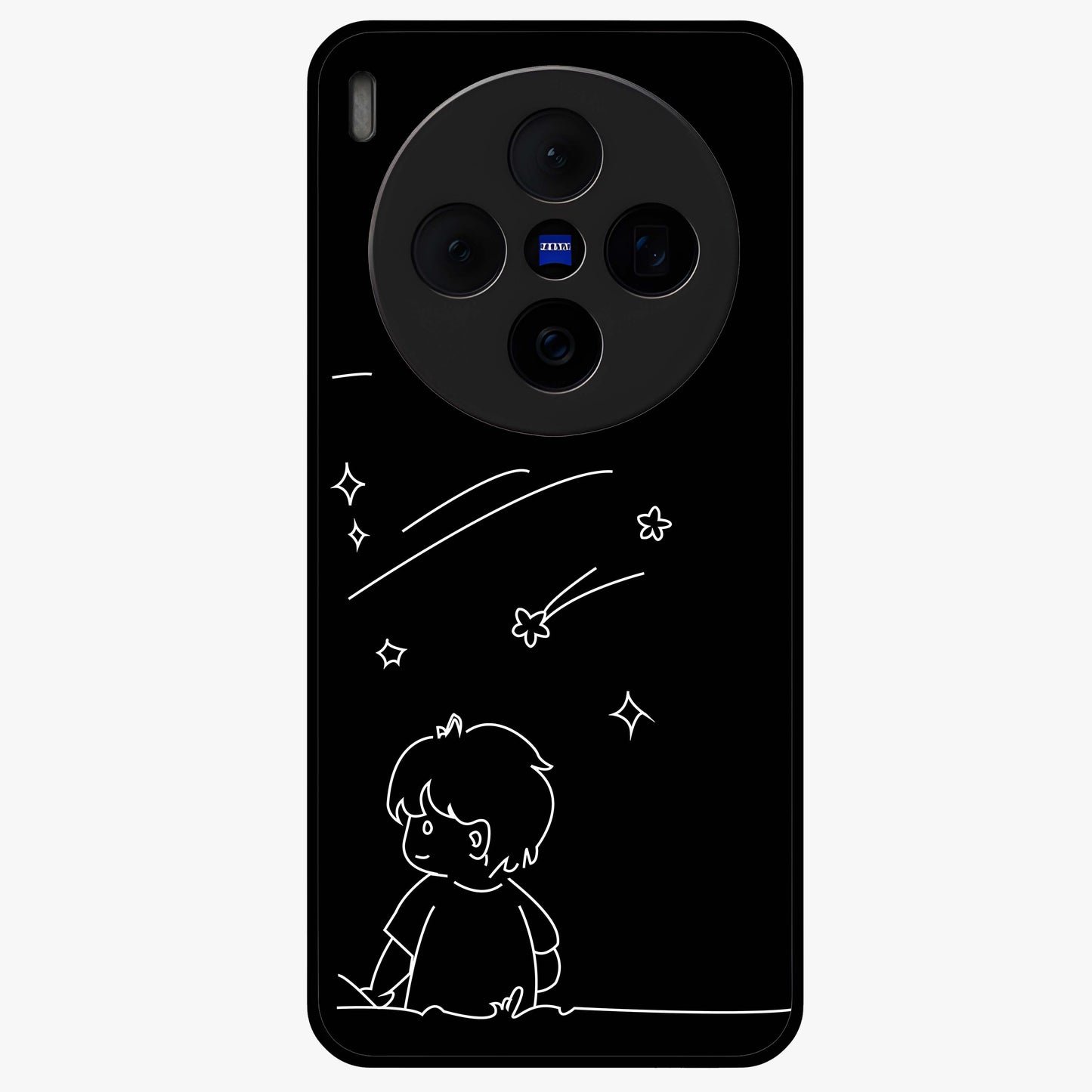 Line Art Boy With Shooting Stars Glass Case showing flat back view with minimal line art boy and shooting stars illustration and glossy glass finish.