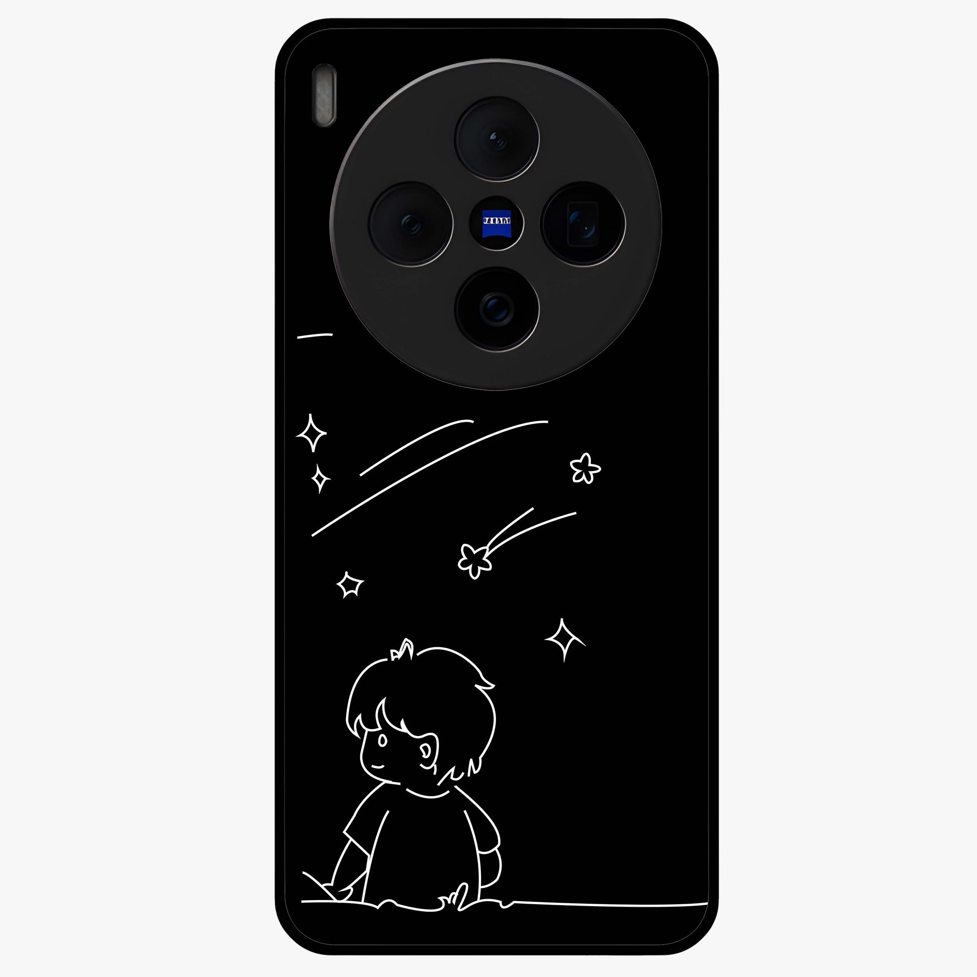 Line Art Boy With Shooting Stars Glass Case showing flat back view with minimal line art boy and shooting stars illustration and glossy glass finish.