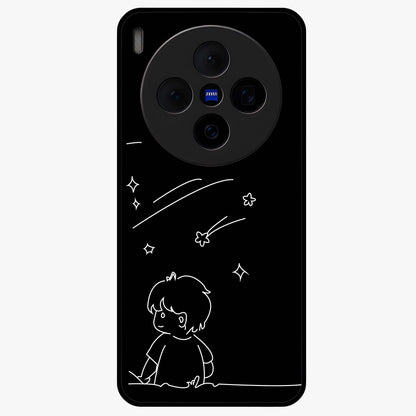 Line Art Boy With Shooting Stars Glass Case showing flat back view with minimal line art boy and shooting stars illustration and glossy glass finish.